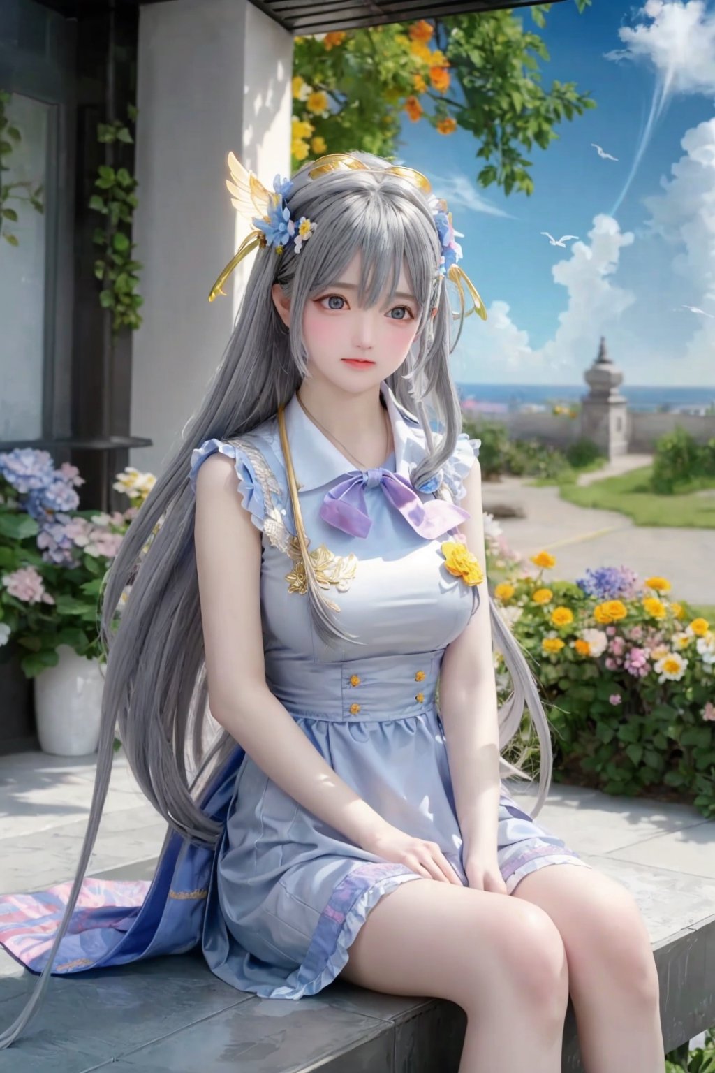 (masterpiece, best quality), (8k wallpaper),  (detailed illustration), (super fine illustration), (vibrant colors), (professional lighting), (sliver long wafy hair),(medium breast:1.3), (shy:1.3), The temples on both sides are decorated with blue ribbons, (Double golden halo on her head), angel wings, red scarf, cute dress, long skirt, hair ornament, embarrassed, natural eyes (grey eyes:1.3), (clean sky:1.3) ,(more flowers in air :1.3) ,( high sun:1.3), (great view:1.3), background ( clouds:1.3) , the girl sitting on one cloud,
