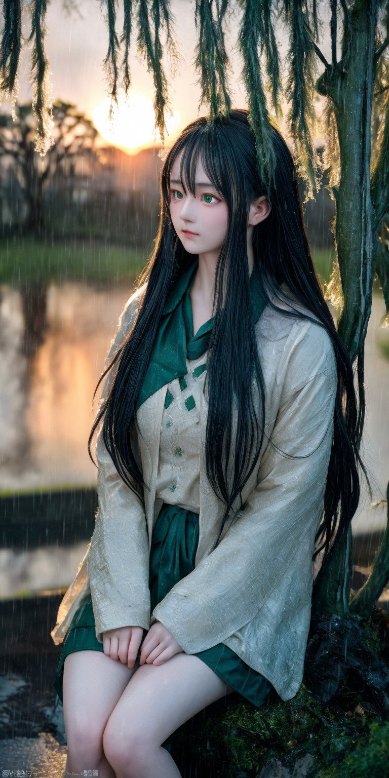 A hyperrealistic painting depicting a young woman with long, flowing, raven-black hair, sitting alone beneath a weeping willow during a torrential downpour. Her pale face is etched with profound sorrow, her emerald green eyes, once sparkling with life, now hold a deep, melancholic gaze. Tears stream down her cheeks, blurring her vision as she stares at her hands, clasped tightly around her knees. Her lips are slightly parted, a silent plea for solace. The soft, ethereal light of a setting sun, filtered through the dense foliage of the weeping willow, casts long, dramatic shadows on the ground. Her face is bathed in a warm, golden glow, contrasting with the cool, gray tones of the rain-soaked landscape. Raindrops race down the bark of the weeping willow, creating intricate patterns. The wind howls through the branches, carrying the mournful sound of rain hitting the ground. A lone bird perches on a nearby branch, its silhouette a stark contrast against the darkening sky. The overall atmosphere is one of profound solitude and despair. The woman's isolation is emphasized by the vast, empty landscape surrounding her. The torrential downpour and the setting sun create a sense of impending darkness, reflecting the inner turmoil of the young woman.