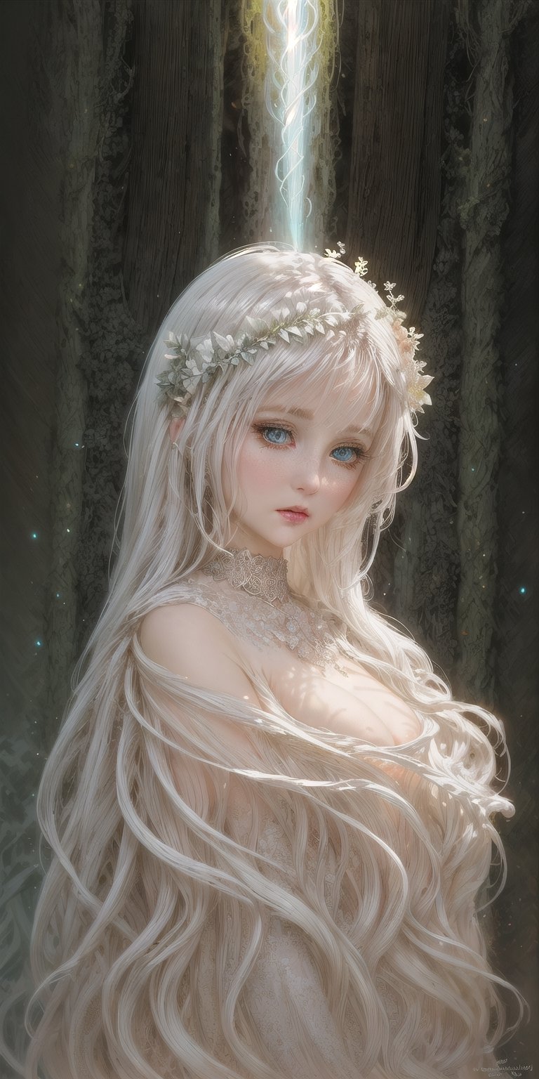 medium full shot, details face, white skin, white hair, white, Ultra detailed illustration of an goddess lost in a magical world full of wonders, ((unique luminous forest)), highly detailed, pastel colors,  digital art, art by Mschiffer, night, dark, ((natural eyes)), bioluminescence,Holy light,Angel