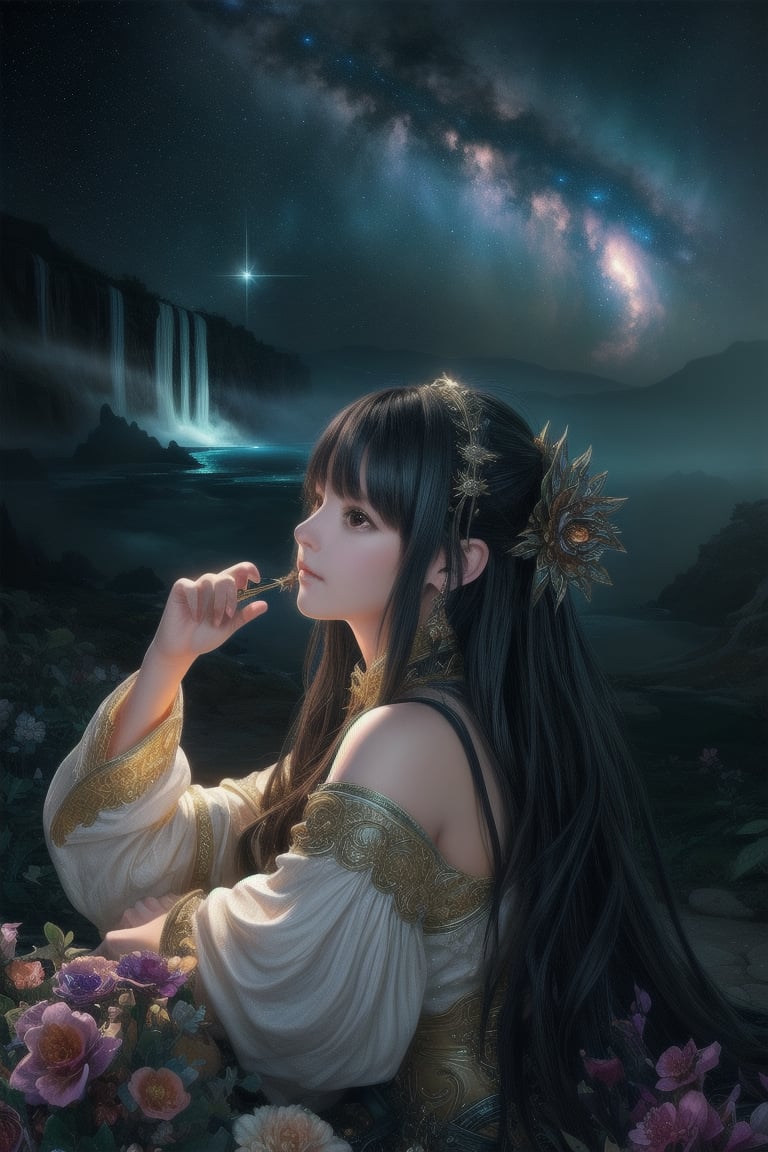 A breathtakingly beautiful digital art piece, reminiscent of Jean-Baptiste Monge's style. A single girl, her long hair flowing like a waterfall, is centered in the composition, surrounded by an intricate filigree design that shimmers with glittering lights. The rim lighting accentuates her features, casting a warm glow on her adorable face. Volumetric lighting creates depth, as rich, deep colors paint a surreal fantasy world. Sharp focus and ultra-detailed rendering bring the subject to life, akin to Dan Mumford's and Marc Simonetti's masterpieces. Astrophotography-inspired stars twinkle in the background, adding an extra layer of magic to this stunning piece of artgerm-inspired digital art.