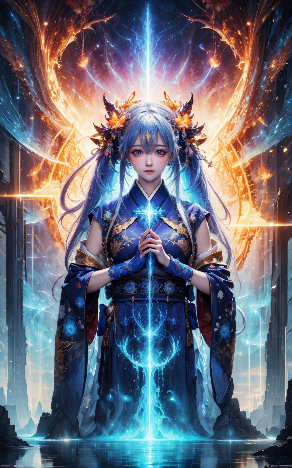 (masterpiece,  top quality,  best quality,  official art,  beautiful and aesthetic:1.2),  medium shot, (1girl), a young gorgeous goddess, wearing kimono, extreme detailed, (abstract,  fractal art:1.3), long white hair, highest detailed,  detailed_eyes,  fire,  water,  ice,  lightning,  light_particles,  ,midjourney,fantasy00d,DonMDj1nnM4g1cXL 