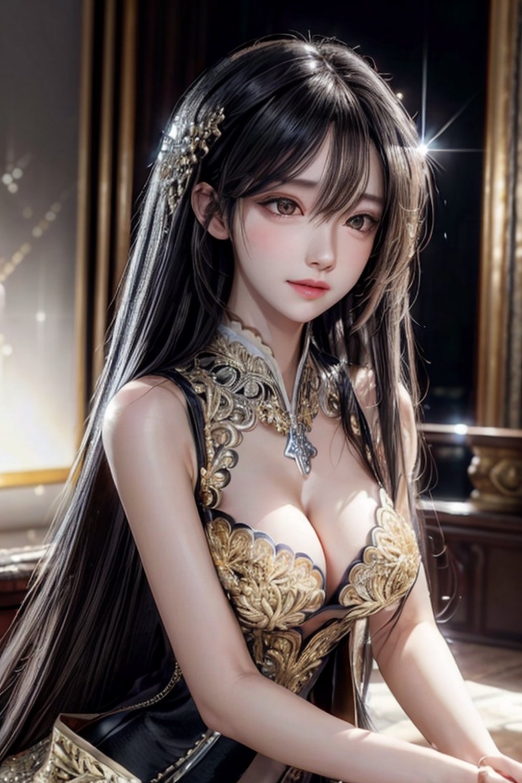 masterpiece, best quality, photorealistic, raw photo, hot girl, young girl, 1girl, realistic face, posing dynamic, detailed_background, , realistic style,8k, detailed face, color contact lenses, haewonlorashy, perfect face, large breast,(((long black floating hairstyles))), no panty, (((wearing fancy silver-gold sequin party dress, intricate and highly detailed, cleavage))), super bright scene, very bright backlighting, sharp focus, upper-body portrait, high-heeled shoes, (((sexy pose))), side_view
