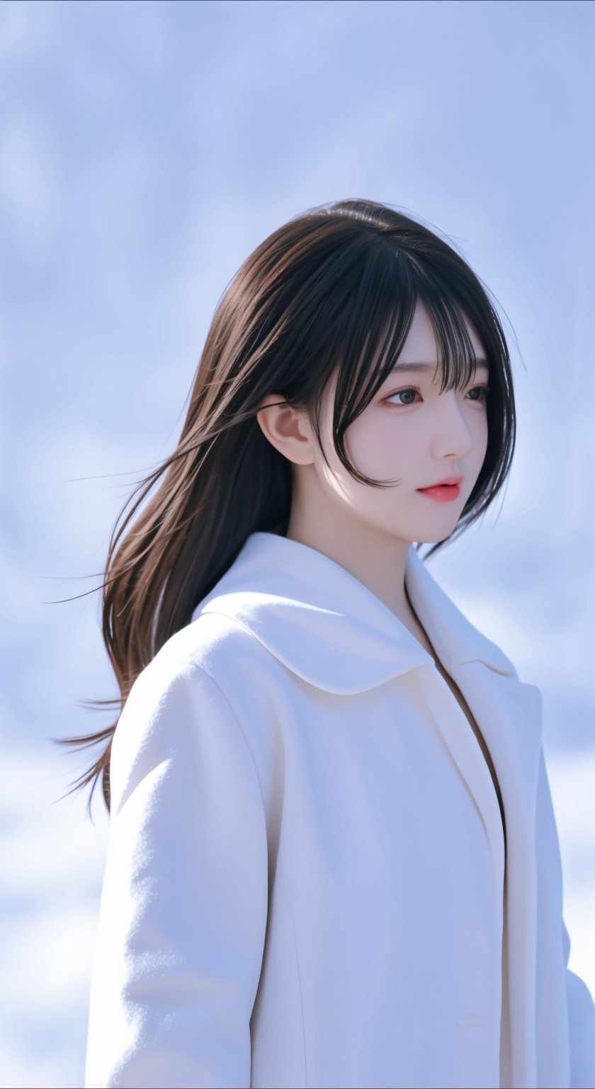  A short-haired girl standing in the snow, Red Coat, head up, breeze blowing hair, snow, snowflakes, depth of field, telephoto lens, messy hair, (close-up) , (sad) , sad and melancholy atmosphere, reference movie love letter, profile, head up, ((floating)) bangs or fringes of hair, eyes focused, half-closed, center frame, bottom to top,
,1 girl,<lora:659111690174031528:1.0>