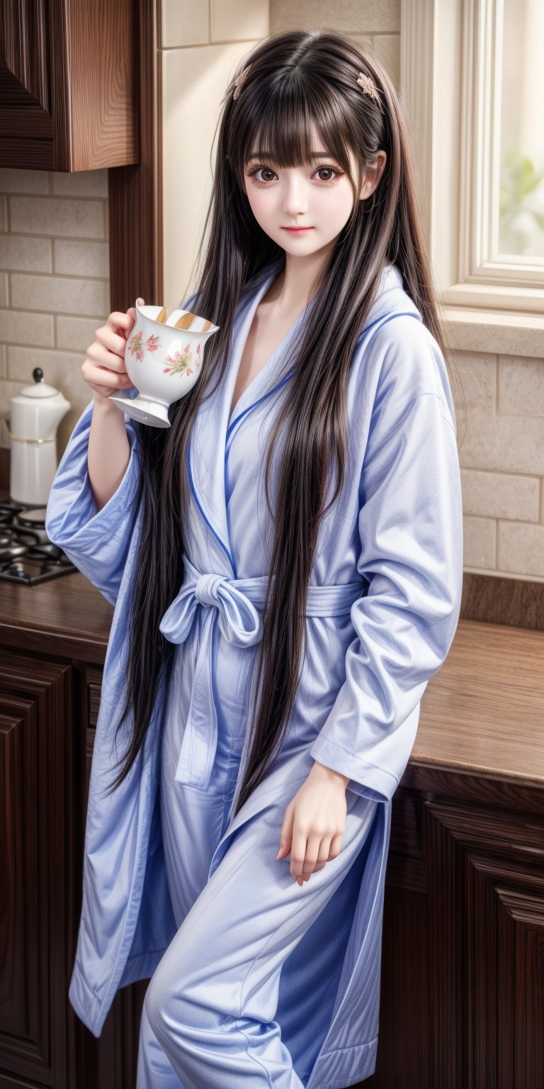 a girl in a bathrobe pouring tea into a cup,  by Orshi Drozdik, cute character, pinterest render, ruan cute vtuber, in a kitchen, she has messy hair, cute detailed artwork, surburb woman, perfect coloring, wearing pajamas. Details. Ultra realistic. UHD 128k