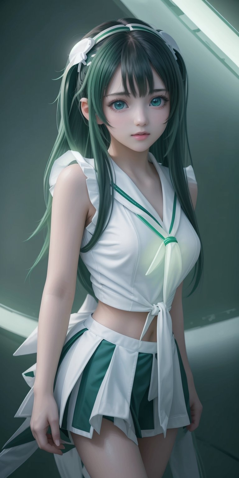 (((8k, best quality, masterpiece:1.2),(best quality:1.0), (ultra highres:1.0))), realistic, RAW, a beautiful loli,  17 years old,  ((hair clips)),((green white sailor uniform, school uniform, tie, small round breast)), from head to waist, extremely luminous bright design, neon lights, long hair,  amazing eyes, details eyes, (((dynamic pose))), ((dark blue background)), ,<lora:659111690174031528:1.0>