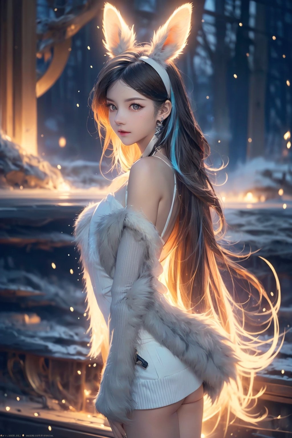 middle body shot, medium shot, furry skin, fantasy, subsurface scattering, perfect anatomy, glow, bloom, bioluminescent liquid, zen style, still film, cold color, vibrant and volumetric light (masterpiece, top quality, best quality, official art, beautiful and aesthetic, 1 cat, extremely detailed, abstract, fractal art, colorful hair, more detailed, detailed_eyes, snowing, smoke bubbles, light particles, lop-eared bunny, 18 year old girl face, perfect body, five fingers, perfect hands, anatomically perfect body, sexy posture, black eyes, gray hair, very long hair, long white fur sweater dress, white fur shorts, kemono, dynamic angle, depth of field, hyper detailed, highly detailed, beautiful, small details, ultra detailed, best quality, 4k, collarbone, bare shoulders, ,midjourney,DonMDj1nnM4g1cXL 