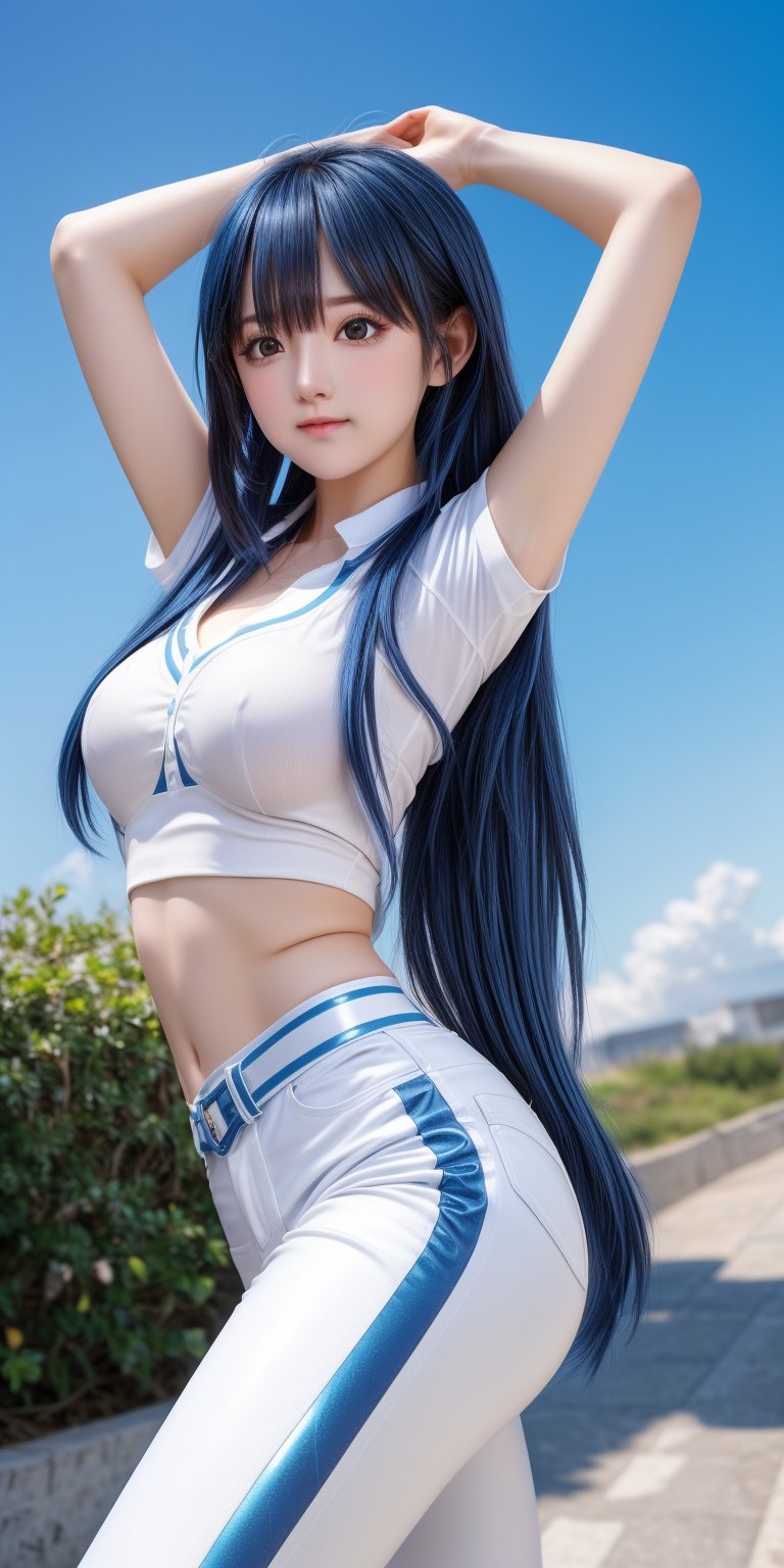 photography, hyper realistic photo, high resolution, a beautiful gril, long hair, innocent, smooth lighting, cinematic image, outdoor, (blue sky:1.3), dynamic pose, natural face, long legs, dynamic pose, waist, white shirt, short blue pants,una, black shiny hair, slim, 