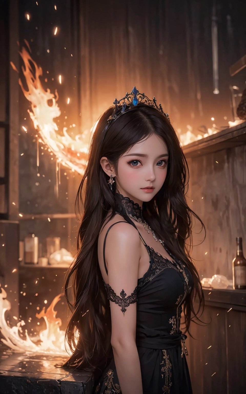 (masterpiece,  top quality,  best quality,  official art,  beautiful and aesthetic:1.5),  (medium shot:1.3), low angle, (1girl:1.4), princess dress, (topless:0.8), extreme detailed, (abstract,  fractal art), long hair, floating hair, highest detailed,  detailed face, big eyes, sad expression,  water, ice, fire,  lightning,  light_particles,  ,midjourney,fantasy00d
