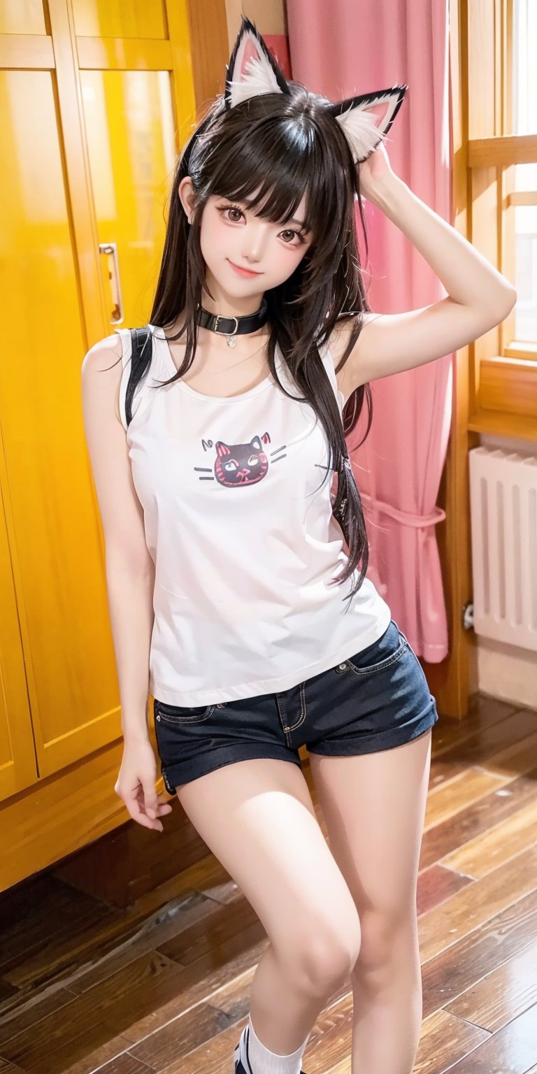 1girl, solo, long hair, hot short pants, sleeveless shirt, black hair, standing, white shirt, short sleeves, indoors, blunt bangs, plaid, feet out of frame, realistic, side back, messy hair, hyper realistic, dynamic angles from above, cute smile, cat_collar, 
