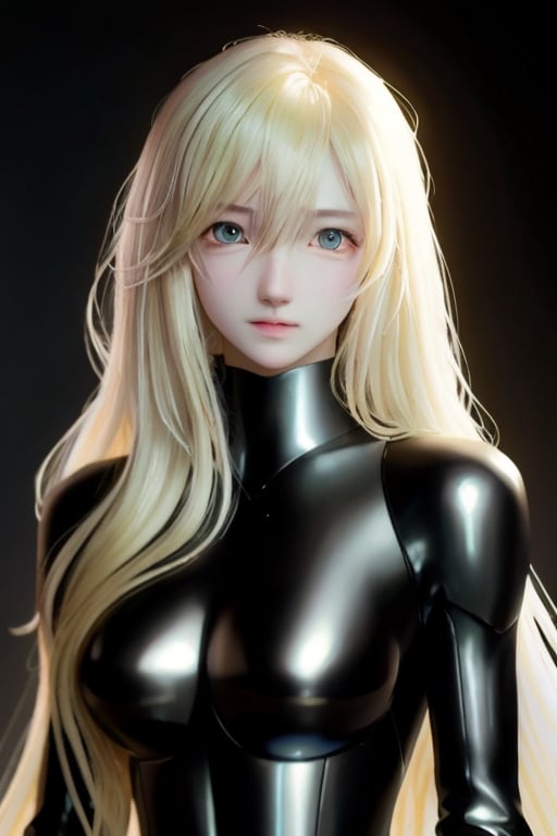 medium full shot of body,  a beautiful final fantasy style girl, (long wavy blonde hair), pale skin, fair skin,  clean detailed faces, black suit, GANTZ suit, analogous colors, glowing shadows, beautiful gradient, depth of field, clean image, high quality, high detail, high definition, Luminous Studio graphics engine