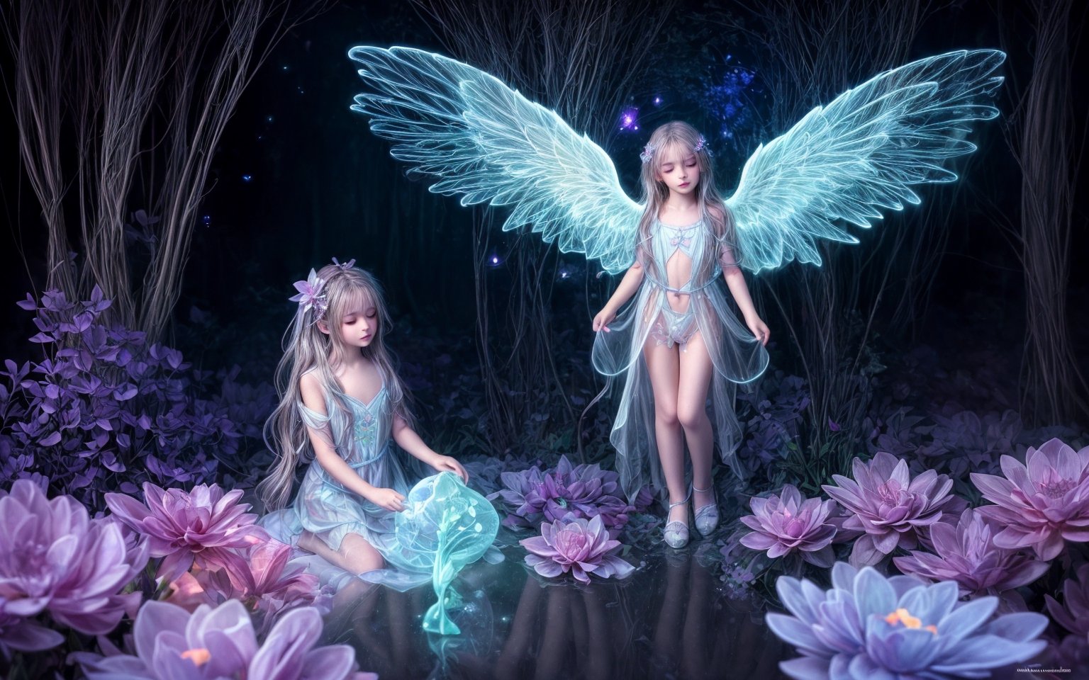 Ultra detailed illustration of an angel lost in a magical world full of wonders, unique luminous flora never seen before, highly detailed, pastel colors,  digital art, art by Mschiffer, night, dark, bioluminescence, looking_at_viewer