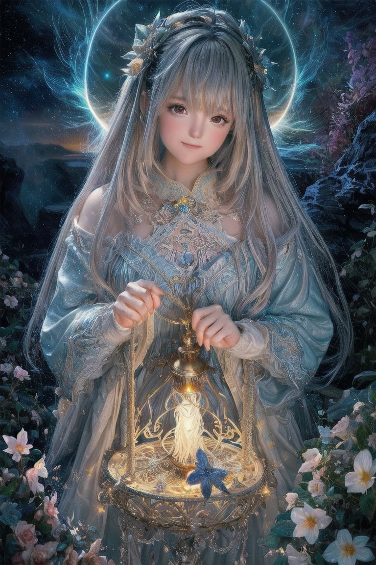 A dreamy, ethereal digital artwork, evoking Jean-Baptiste Monge's whimsical style. A luscious-haired girl stands at the center, her locks cascading like a waterfall amidst intricate filigree patterns that sparkle with luminous lights. Rim lighting illuminates her cherubic face, casting a warm glow. Volumetric lighting creates depth, as vibrant colors paint a fantastical world. The subject's features are rendered in sharp focus and meticulous detail, akin to Dan Mumford's and Marc Simonetti's masterworks. Astrophotography-inspired stars twinkle in the background, imbuing this artwork with an air of enchantment.