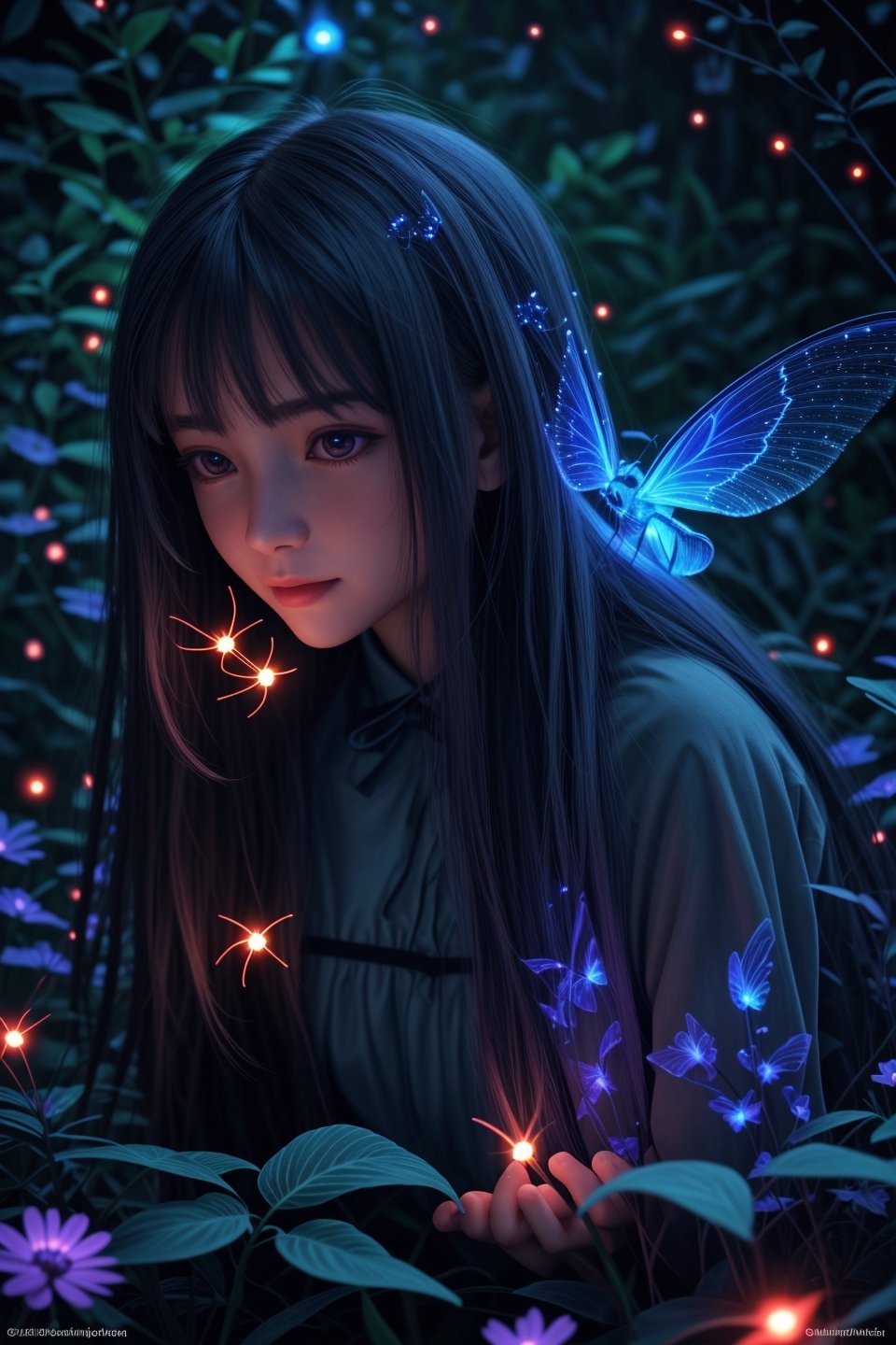 Ultra detailed illustration of a girl lost in a magical world of wonders, glowy, bioluminescent flora, incredibly detailed, digital art, art by Mschiffer, night, red and blue bioluminescence,firefliesfireflies,<lora:659111690174031528:1.0>