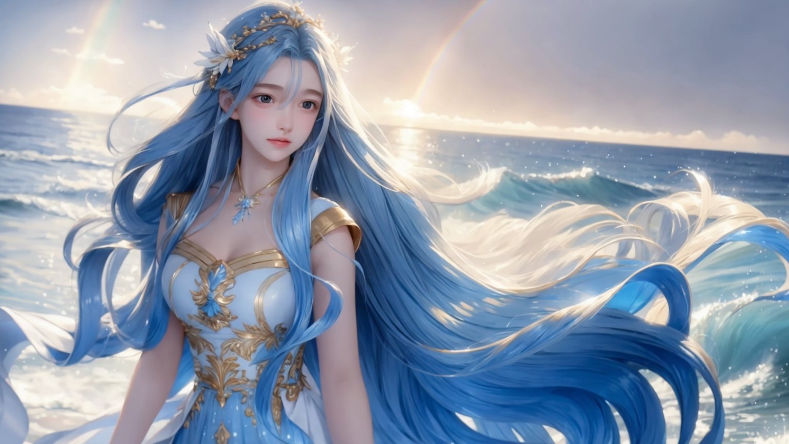 A medium shot, a young girl, 1girl, beautiful long flowing golden hair , wearing a flowing blue and white dress made of waves, representing beauty and elegance. 8K photograph, at sunset, against a radiant and rainbow-like holographic background, a dynamic pose. Final fantasy styles, center image, a highlight in the middle of a journey,(1girl:1.3),