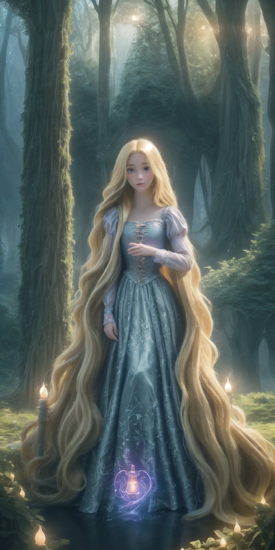 Ultra detailed illustration of a girl lost in a magical world full of wonders forest, highly detailed, digital art, art by Mschiffer, night, dark, 1girl,Holy light,1 girl, a girl named Rapunzel, (4 meters long hair:1.3), (glowing hair, luminesence blonde hair:1.2), ,rapunzel, full body shot, long legs