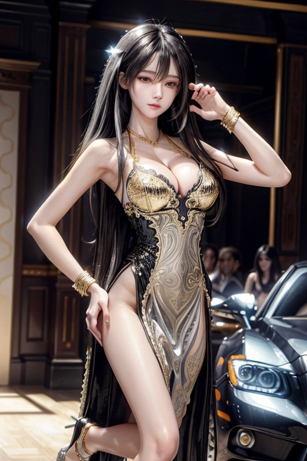 masterpiece, best quality, photorealistic, raw photo, hot girl, young girl, 1girl, realistic face, posing dynamic, detailed_background, , realistic style,8k, detailed face, color contact lenses, haewonlorashy, perfect face, large breast,(((long black floating hairstyles))), no panty, (((wearing fancy silver-gold sequin party dress, intricate and highly detailed, cleavage))), super bright scene, very bright backlighting, sharp focus, upper-body portrait, high-heeled shoes, (((sexy pose))), side_view
