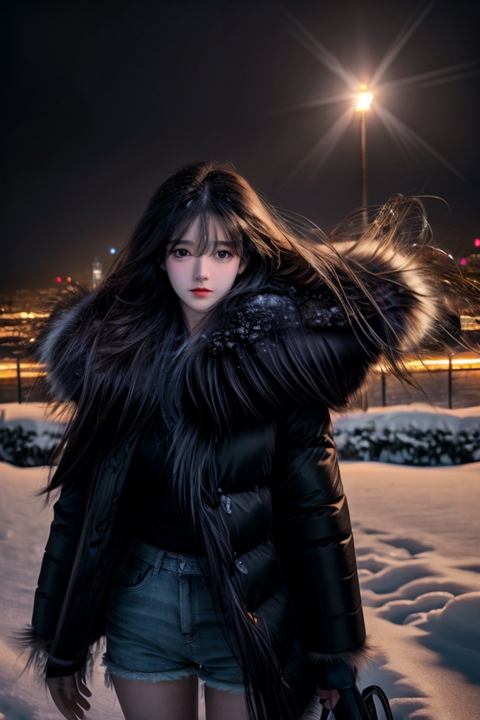 Best quality, masterpiece, ultra high res, photorealistic, (medium shot:1.3),  raw photo, a young girl, long hair in the wind, perfect body pose, snow, winter, thick fur jacket, dynamic lighting, in the dark, deep shadow, cinematic image, dark city, floting city on the background.