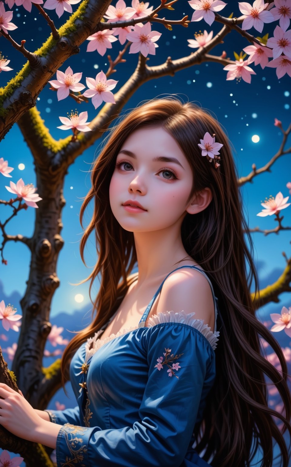 ((1girl, long hair)), princess, in the tree an ultra hd detailed painting, digital art, Jean-Baptiste Monge style, bright, beautiful  , splash,  , Glittering , cute and adorable,  filigree,  , rim lighting, lights, extremely ,  magic, surreal, fantasy, digital art, , wlop, artgerm and james jean, , centered, symmetry, painted, intricate, volumetric lighting, beautiful, rich deep colors masterpiece, sharp focus, ultra detailed, in the style of dan mumford and marc simonetti, astrophotography,1girl, long hair, Cherry blossoms, medium full shot, cute smile, ,<lora:659095807385103906:1.0>