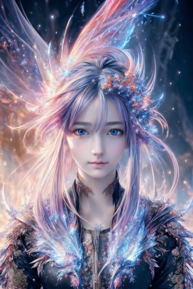 (masterpiece,  top quality,  best quality,  official art,  beautiful and aesthetic:1.2),  (1girl),  extreme detailed, (abstract,  fractal art:1.3), colorful hair, highest detailed,  detailed_eyes,  fire,  water,  ice,  lightning,  light_particles,  ghost
