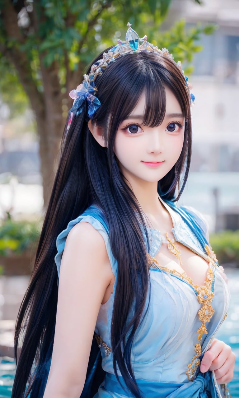 In a breathtakingly beautiful watercolor shot (soft focus: 2.0), a stunning Korean girl, an 18-year-old idol face, gazes directly at the viewer with her oversized, sparkling eyes and radiant smile. Her randomly styled hairstyle adds to her kawaii charm. She wears a mesmerizing Fashions Elemental Water Mage costume, featuring a dark blue robe adorned with flowing fabric and intricate water-themed embroidery. The flowing layers evoke the illusion of swirling water currents. A wide-brimmed wizard tiara with water droplet-shaped embellishments rests atop her loose waves or braids. Her staff or scepter is wrapped in crystals, seashells, or flowing ribbons, symbolizing control over the element of water. Shimmering makeup and intricate body paint designs complete the look, transporting viewers to the mystical Temple of the Deep Sea (front: 1.5). The best lighting and bokeh effect enhance the sense of depth, while a subtle lens flare adds a touch of magic.