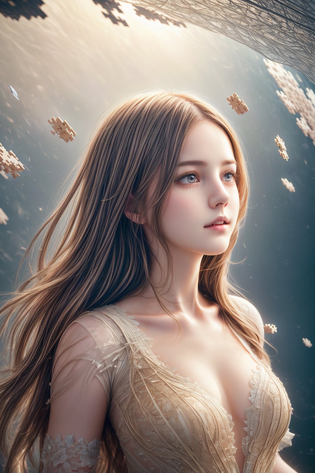 Softbox studio lighting casts a warm glow on the hyperrealistic digital artwork, featuring a female model composed of intricately detailed puzzle pieces. Her serene expression contrasts with the dynamic disassembly of her right side, as fragments scatter into the air. The subtle color palette of natural tones emphasizes the surreal nature of the scene.