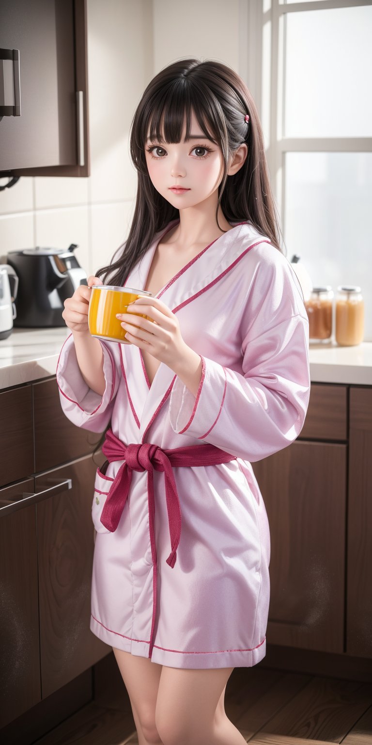 a girl in a bathrobe pouring tea into a cup, an airbrush painting, by Orshi Drozdik, cute cartoon character, pinterest render, ruan cute vtuber, in a kitchen, she has messy hair, cute detailed artwork, surburb woman, perfect coloring, wearing pajamas. Details. Ultra realistic. UHD 128k