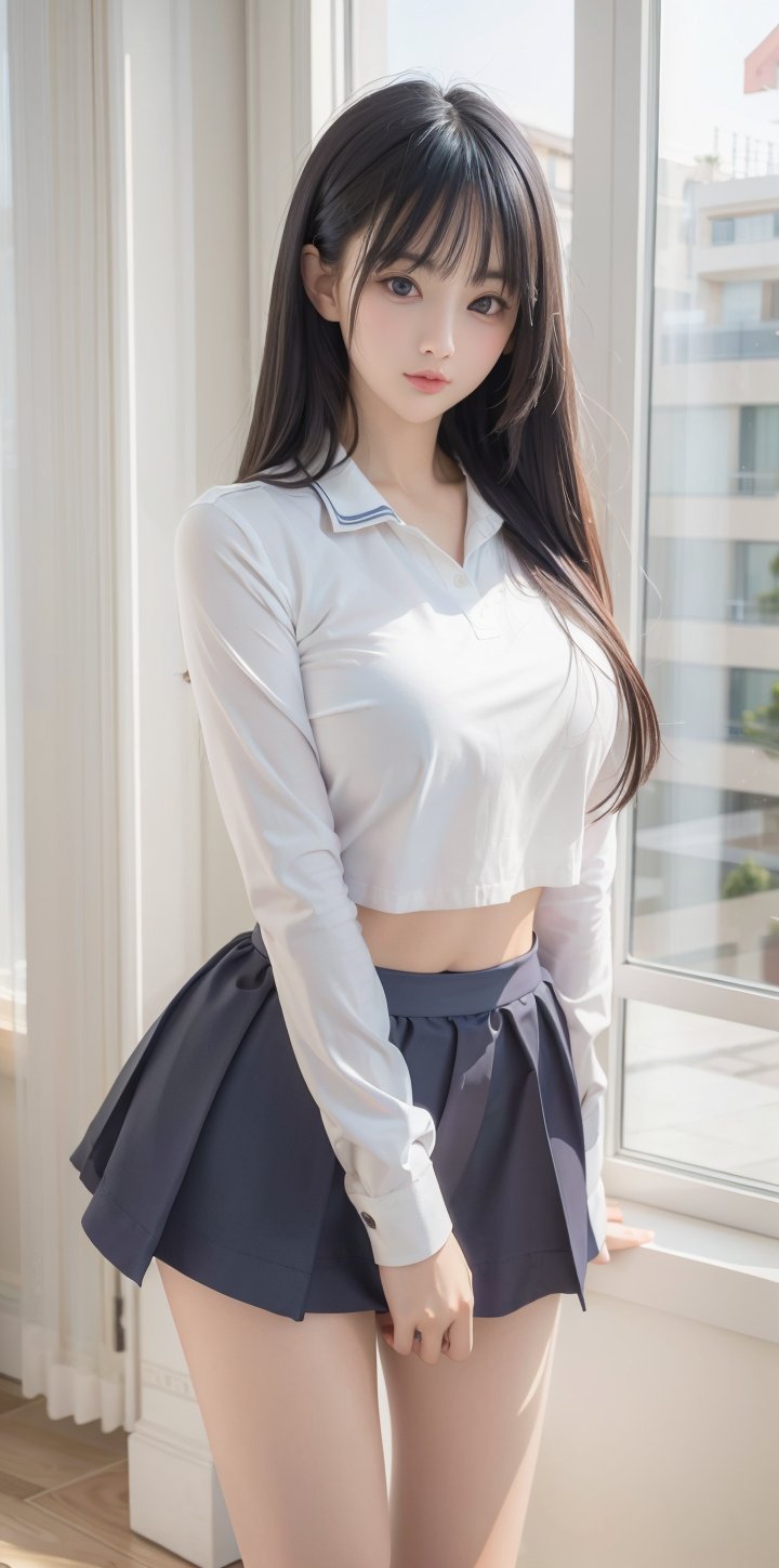 (masterpiece, best quality, highres:1.3), ultra resolution image, (1girl), (solo), ((27 years old)), kawaii, white hair, long flowing hair, bangs, purple eyes, gentle breeze, (soft sunlight:1.3), happy, white shirts, long sleeved, navy color tennis skirt, alone, realistic hand, perfect anatomy, 1 girl,scenery, front view, white background, looking at you