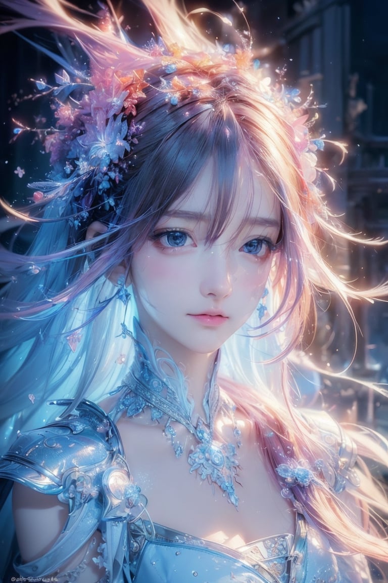 (masterpiece,  top quality,  best quality,  official art,  beautiful and aesthetic:1.2),  (1girl),  extreme detailed, (abstract,  fractal art:1.3), colorful hair, highest detailed,  detailed_eyes,  fire,  water,  ice,  lightning,  light_particles,  ghost
