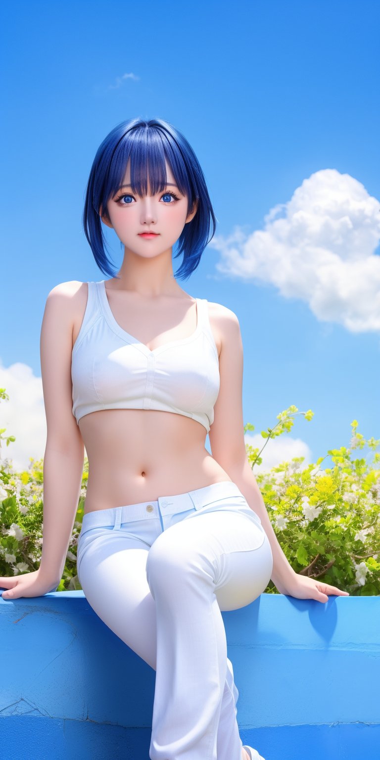 photography, hyper realistic photo, high resolution, a beautiful gril,  innocent, smooth lighting, cinematic image, outdoor, (blue sky:1.3), dynamic pose, natural face, long legs, white shirt, short blue pants,una, black shiny hair, slim, short hair, messy hair, 