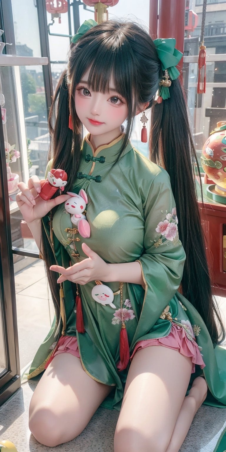 1girl, best quality, ultra-detailed, (((masterpiece))), (((best quality))), extremely detailed, ((claw machine)), ((claw is clamping a doll box up)), hand on bottom panel, control joystick and press button with hand, cleavage, ribbon, beige lace overalls, black updo longhair, shy, blush, petite figure proportion, claw machine, Glittering, cute and adorable, (perfect lighting, perfect shadow), wide shot, dreamlike scenery, Realism, blending colors,vibrant hues, amazing photo, wearing dress pretty ruffle, cute shoe, (green Gorgeous Chinese dress:1.5),hug pillow heart, cute breast, holding cute bunny doll, cute smile, loli girl, 