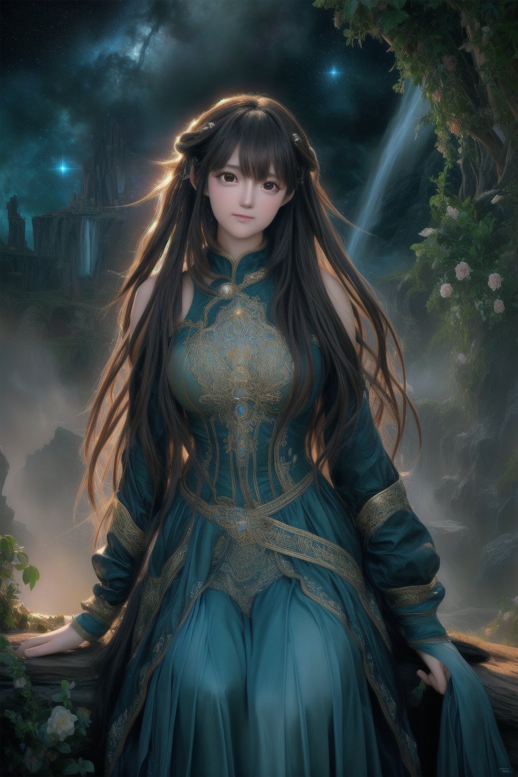 A breathtakingly beautiful digital art piece, reminiscent of Jean-Baptiste Monge's style. A single girl, her long hair flowing like a waterfall, is centered in the composition, surrounded by an intricate filigree design that shimmers with glittering lights. The rim lighting accentuates her features, casting a warm glow on her adorable face. Volumetric lighting creates depth, as rich, deep colors paint a surreal fantasy world. Sharp focus and ultra-detailed rendering bring the subject to life, akin to Dan Mumford's and Marc Simonetti's masterpieces. Astrophotography-inspired stars twinkle in the background, adding an extra layer of magic to this stunning piece of artgerm-inspired digital art. medium full shot, long legs, 