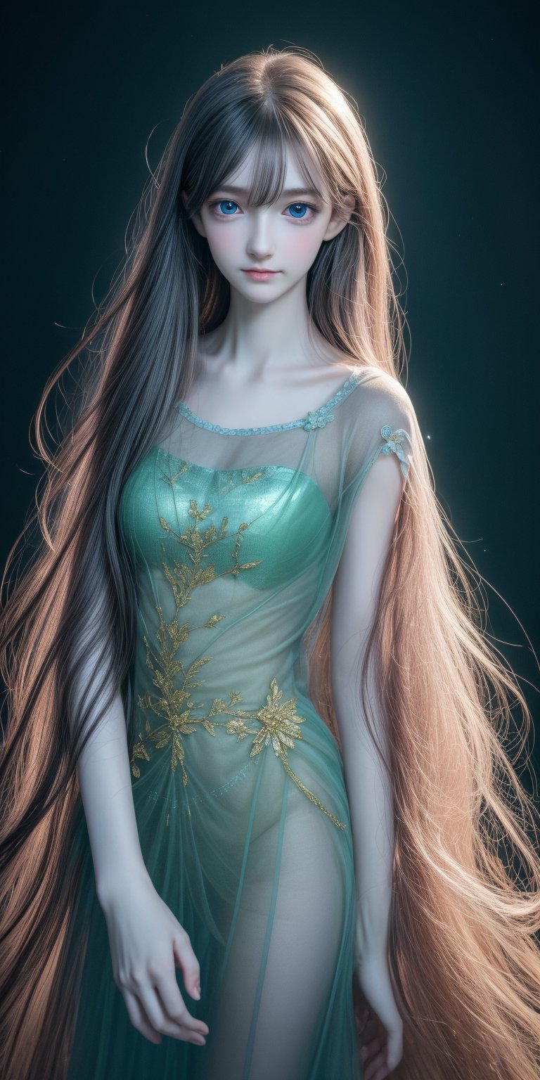 Ultra detailed realistic of a young girl lost in a magical world full of wonders, unique luminous flora never seen before, highly detailed, pastel colours, digital art, art by Mschiffer, night, dark, bioluminescence, slim, tall, perfect upper body, dynamic pose, pale skin, golden hair, blue eyes, white skin, (long flowing hair, floating hair, long hair, messy hair), ((long floating sheer)), perfect fingers, long bangs, medium shot, upper body, in the dark, deep shadow, low key, intricate fractal art,una, soft smile, 