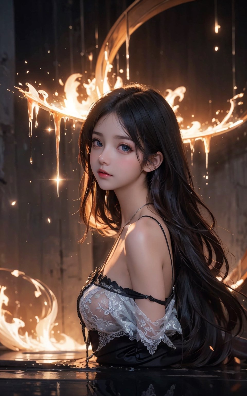 (masterpiece,  top quality,  best quality,  official art,  beautiful and aesthetic:1.5),  (medium shot:1.3), low angle, (1girl:1.4), princess dress, (topless:0.8), extreme detailed, (abstract,  fractal art), long hair, floating hair, highest detailed,  detailed face, big eyes, sad expression,  water, ice, fire,  lightning,  light_particles,  ,midjourney,fantasy00d