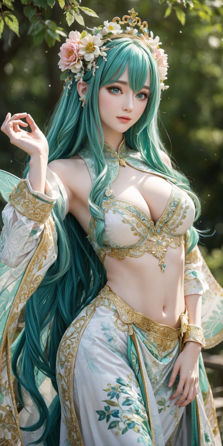 vibrant colors, female, masterpiece, sharp focus, best quality, depth of field, cinematic lighting, ((solo, one woman )), (illustration, 8k CG, extremely detailed), masterpiece, ultra-detailed, Hair length: Medium and wavy  white Hair color: Emerald green Eye color: Shiny gold Clothes: Green tunic with floral decorations, flower crown on the head. This figure stood in the heart of the Fairy Woods, with medium, wavy white hair that blended harmoniously with the enchanted atmosphere of the place. The bright gold eyes shone with magic and wonder at the beauty of the surrounding nature. She wore a green tunic with floral decorations and a crown of flowers on her head, completely immersing herself in the tranquility and harmony of the fairy forest. dynamic pose puffing out the chest, (((arching the chest))), 
 fine Detail, hands up, armpit, 