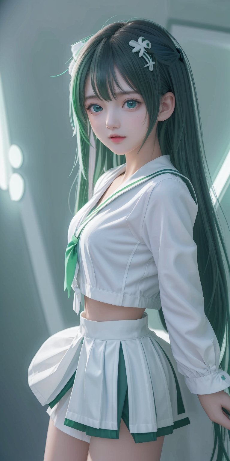 (((8k, best quality, masterpiece:1.2),(best quality:1.0), (ultra highres:1.0))), realistic, RAW, a beautiful loli,  17 years old,  ((hair clips)),((green white sailor uniform, school uniform, tie, small round breast)), from head to waist, extremely luminous bright design, neon lights, long hair,  amazing eyes, details eyes, (((dynamic pose))), ((dark blue background)), ,<lora:659111690174031528:1.0>