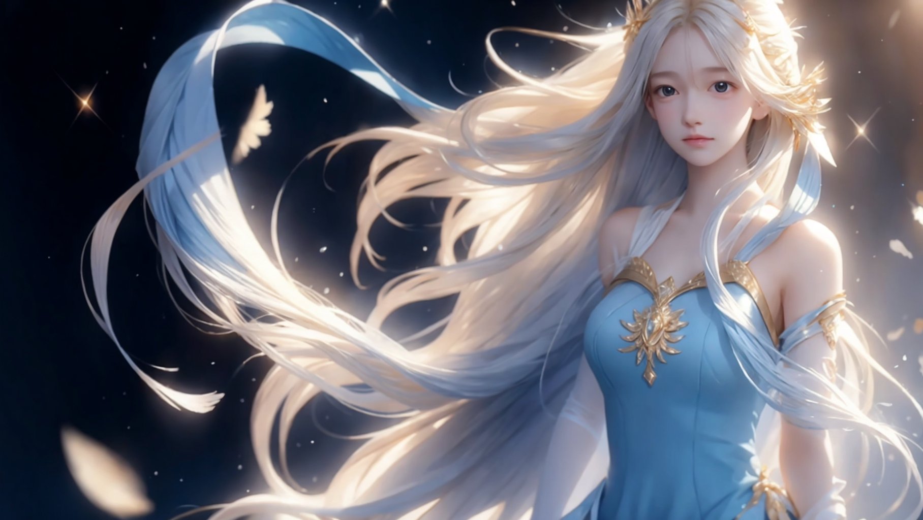 A medium shot, a young girl, 1girl, beautiful long flowing golden hair , wearing a flowing blue and white dress made of waves, representing beauty and elegance. 8K photograph, at sunset, against a radiant and rainbow-like holographic background, a dynamic pose. Final fantasy styles, center image, a highlight in the middle of a journey.,1 girl,