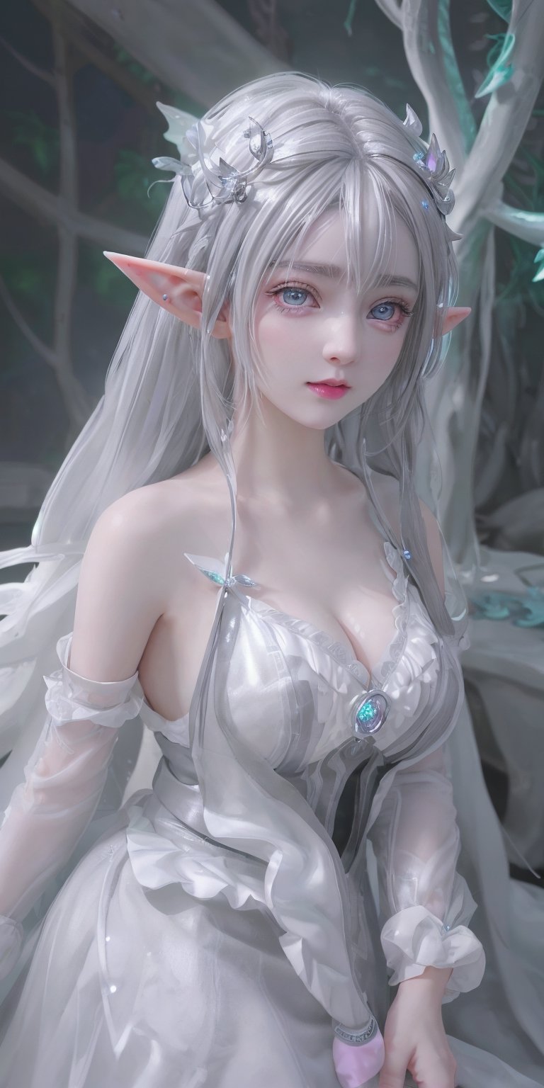 HDR, Ultra detailed illustration of a elf with crown lost in a magical world full of wonders forest, unique luminous flora, highly detailed, pastel colors,  digital art, art by Mschiffer, night, dark, grey bioluminescence, (darkness background:1.2), 1girl, white skin, pale skin, Beauty white girl,  ((white elf)), beautiful white female in hyperdetailed white ruffled dress, gorgeous hyperdetailed white hair, pale_skin, flushed face, perfect symmetrical eyes, dreadlocks, silver jewels, silver-ornated white_goth_dress, (high detailed skin: 1.2),,Realism,more detail , (((grey eyes, big eyes)))