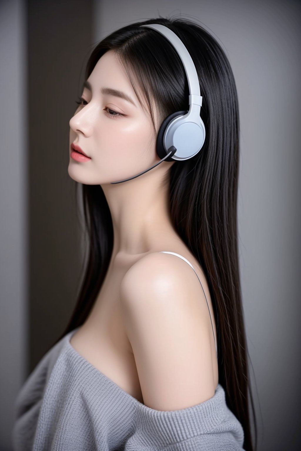 HDR, amazing super Ilustrastion, imagination, a beautiful girl wearing a (big headset:1.3), listens to very melodious music, until she is carried away by a comfortable, calm atmosphere, close her eyes, illustrations of (blocks of notes background:1.26) , grey sweater, indoor, side view, head up, big boobs, right shoulder, (chin up:1.2), long hair, intricate hairstyles, ,<lora:659111690174031528:1.0>