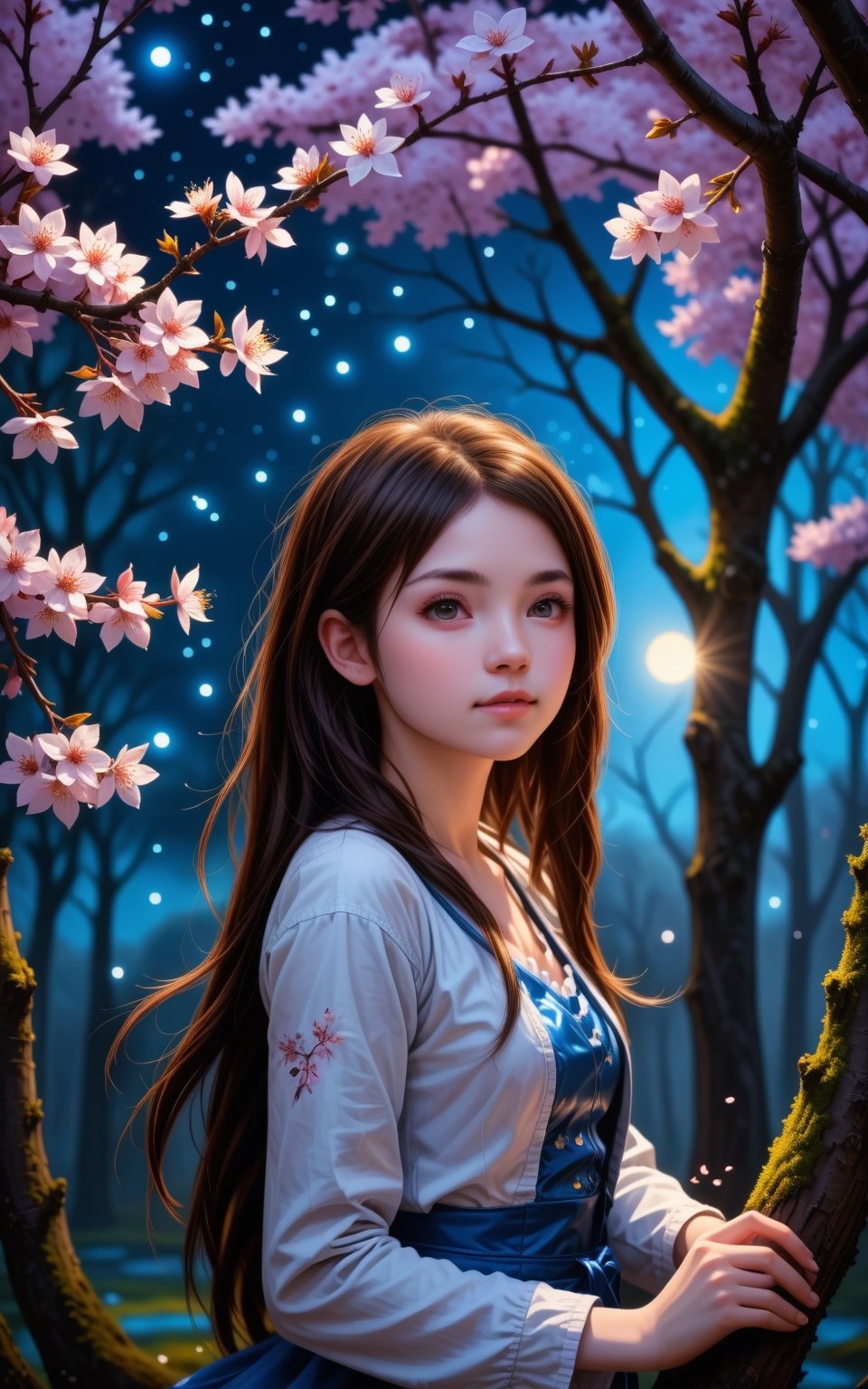 ((1girl, long hair)), princess, in the tree an ultra hd detailed painting, digital art, Jean-Baptiste Monge style, bright, beautiful  , splash,  , Glittering , cute and adorable,  filigree,  , rim lighting, lights, extremely ,  magic, surreal, fantasy, digital art, , wlop, artgerm and james jean, , centered, symmetry, painted, intricate, volumetric lighting, beautiful, rich deep colors masterpiece, sharp focus, ultra detailed, in the style of dan mumford and marc simonetti, astrophotography,1girl, long hair, Cherry blossoms, medium full shot, cute smile, ,<lora:659095807385103906:1.0>