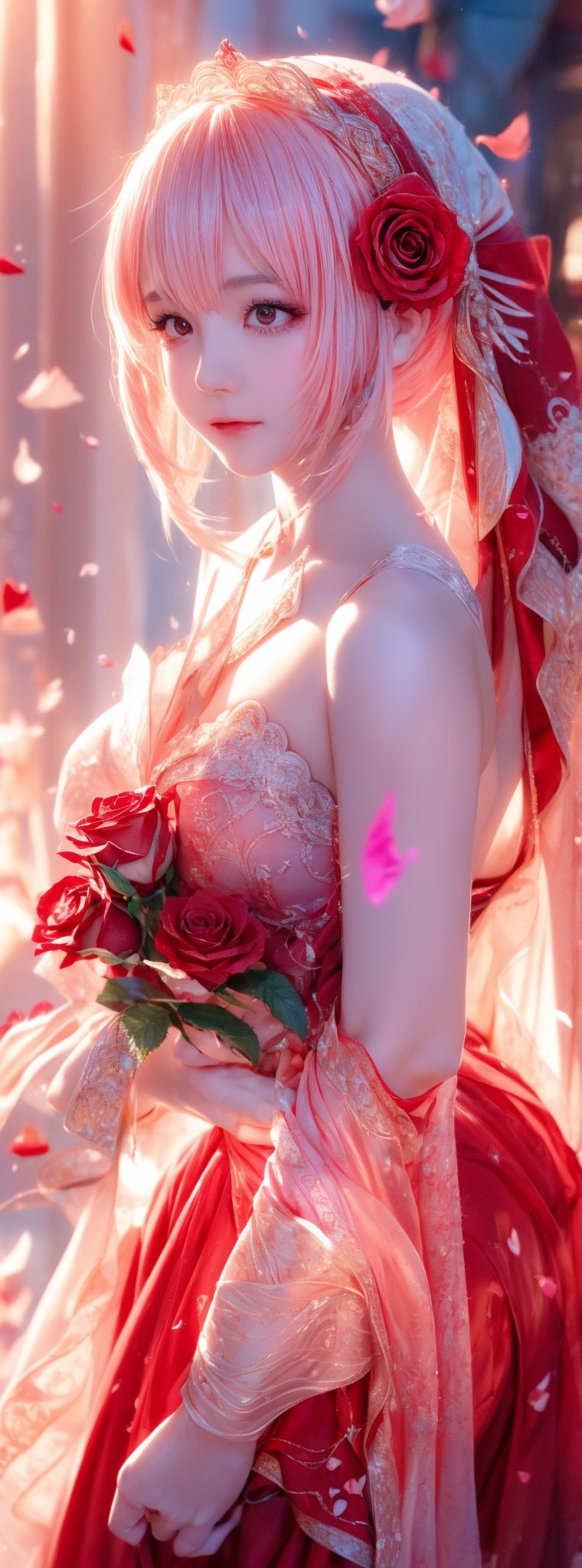 The image features a surreal and artistic composition of a woman whose face is partially obscured by a large soft red rose. The petals of the rose delicately cover her sparkle eyes and part of her face, creating an ethereal and dreamlike effect. The woman is dressed in a flowing, translucent fabric that appears to be made of soft layers, echoing the delicate nature of the red rose petals. The background is softly blurred, with a gentle, light color red palette that complements the pink tones of the rose and the fabric. The overall mood is romantic and otherworldly, ar 9:16, style raw, stylize 250,1 girl, 