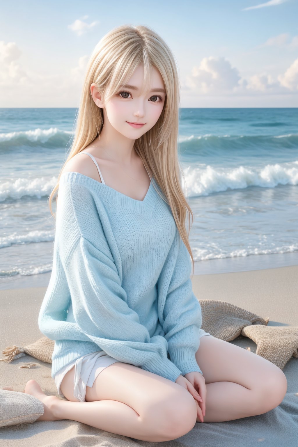 A serene masterpiece: Coastal Tranquility. A woman sits cross-legged on a sandy beach, hands resting on knees as she gazes at the waves, her peaceful smile a reflection of the calm atmosphere. Soft lighting casts gentle shadows, while the oversized pale blue sweater and white shorts convey effortless elegance. Tousled sun-kissed blonde hair adds to the relaxed vibe amidst the soothing sounds of gentle waves and soft pastel hues in the sky.,luna