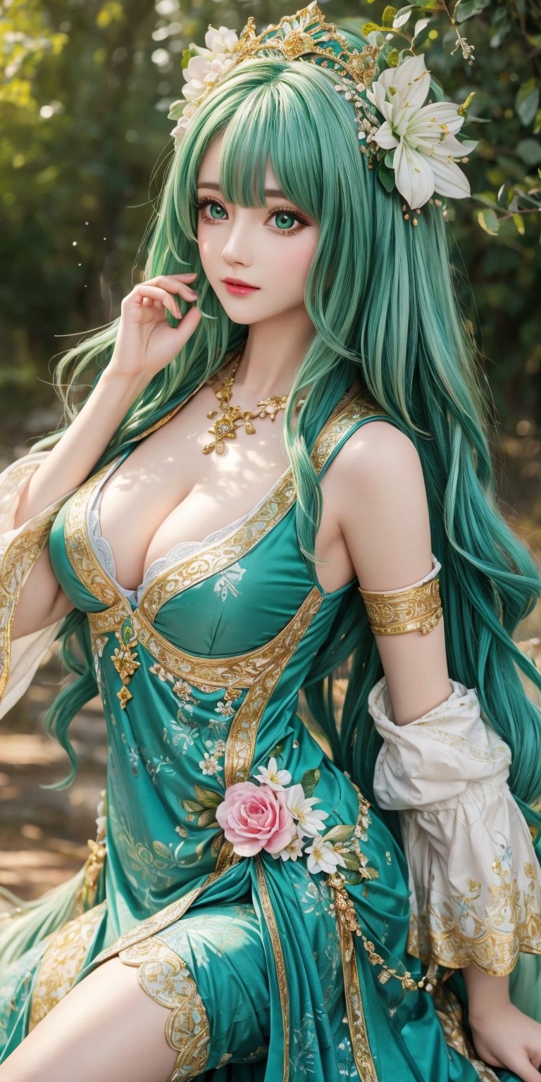 vibrant colors, female, masterpiece, sharp focus, best quality, depth of field, cinematic lighting, ((solo, one woman )), (illustration, 8k CG, extremely detailed), masterpiece, ultra-detailed, Hair length: Medium and wavy  white Hair color: Emerald green Eye color: Shiny gold Clothes: Green tunic with floral decorations, flower crown on the head. This figure stood in the heart of the Fairy Woods, with medium, wavy white hair that blended harmoniously with the enchanted atmosphere of the place. The bright gold eyes shone with magic and wonder at the beauty of the surrounding nature. She wore a green tunic with floral decorations and a crown of flowers on her head, completely immersing herself in the tranquility and harmony of the fairy forest. dynamic pose (((puffing out the chest, arching the chest))), 
 fine Detail, hands up, armpit, body side, back, 