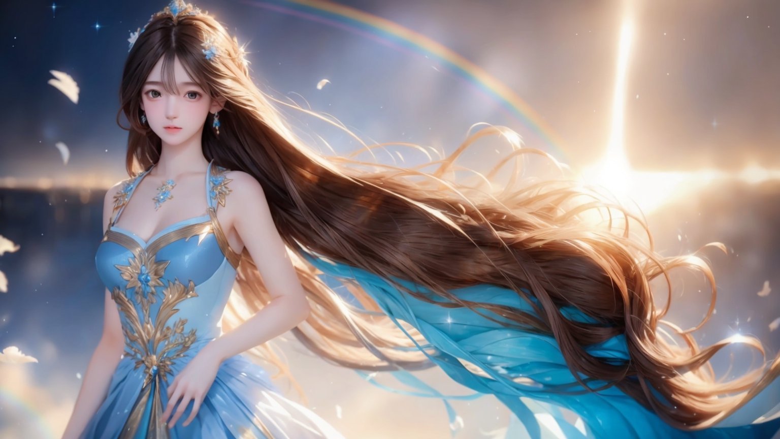 A medium shot, a young girl, 1girl, beautiful long flowing hair, (brown hair),  wearing a flowing blue gold and white dress made of waves, representing beauty and elegance. 8K photograph, at sunset, against a radiant and rainbow-like holographic background, a dynamic pose. Final fantasy styles, center image, a highlight in the middle of a journey,(1girl:1.3),
