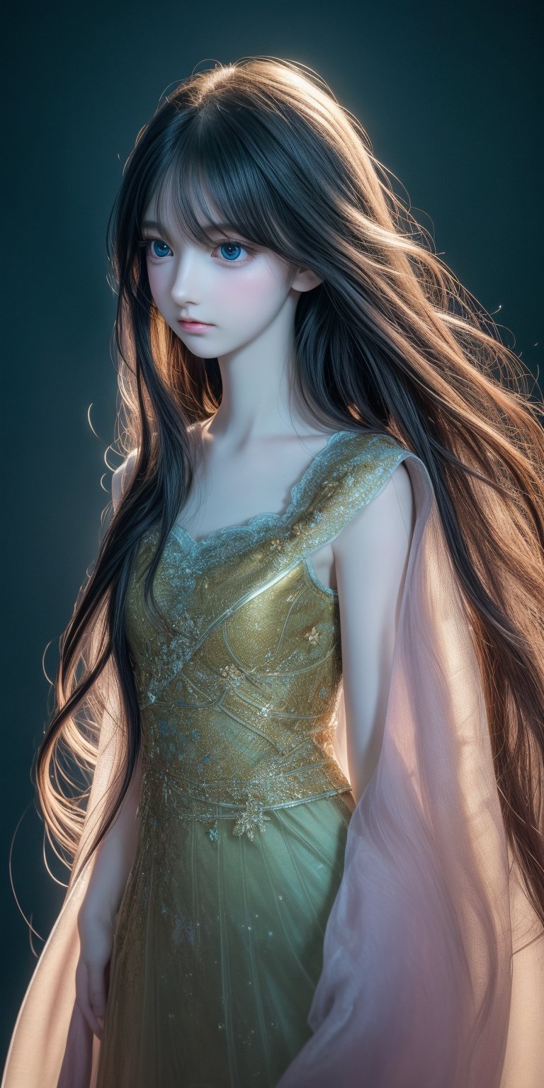 Ultra detailed realistic of a young girl lost in a magical world full of wonders, unique luminous flora never seen before, highly detailed, pastel colours, digital art, art by Mschiffer, night, dark, bioluminescence, slim, tall, perfect upper body, dynamic pose, pale skin, golden hair, blue eyes, white skin, (long flowing hair, floating hair, long hair, messy hair), ((long floating sheer)), perfect fingers, long bangs, medium shot, upper body, in the dark, deep shadow, low key, intricate fractal art,una