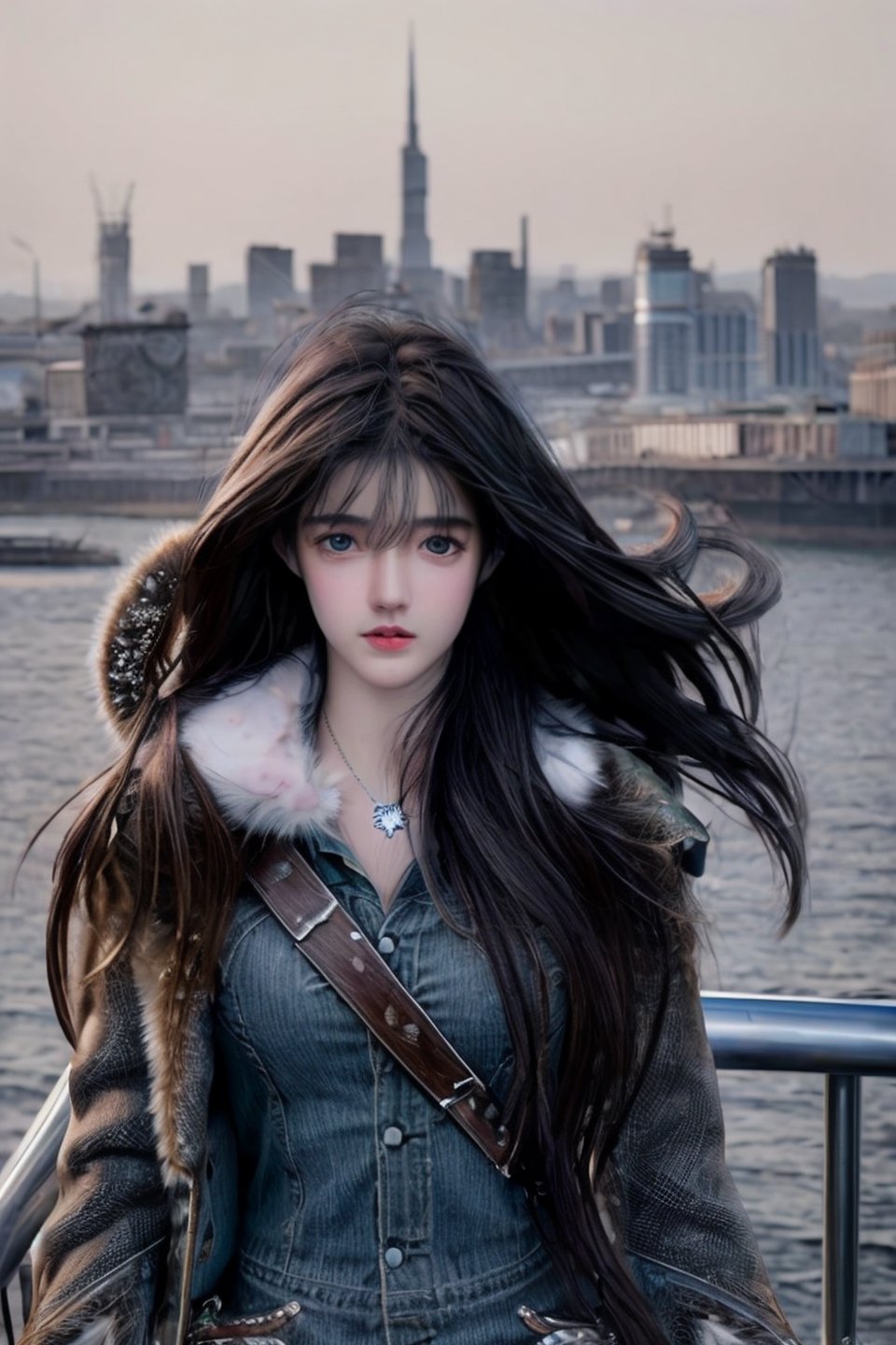 Best quality, masterpiece, ultra high res, photorealistic, (cowboy shot:1.3),  raw photo, a young girl, long hair in the wind, grey eyes, perfect body pose,  winter, thick fur jacket, dynamic lighting, in the dark, deep shadow, cinematic image, dark city, floting city on the background.