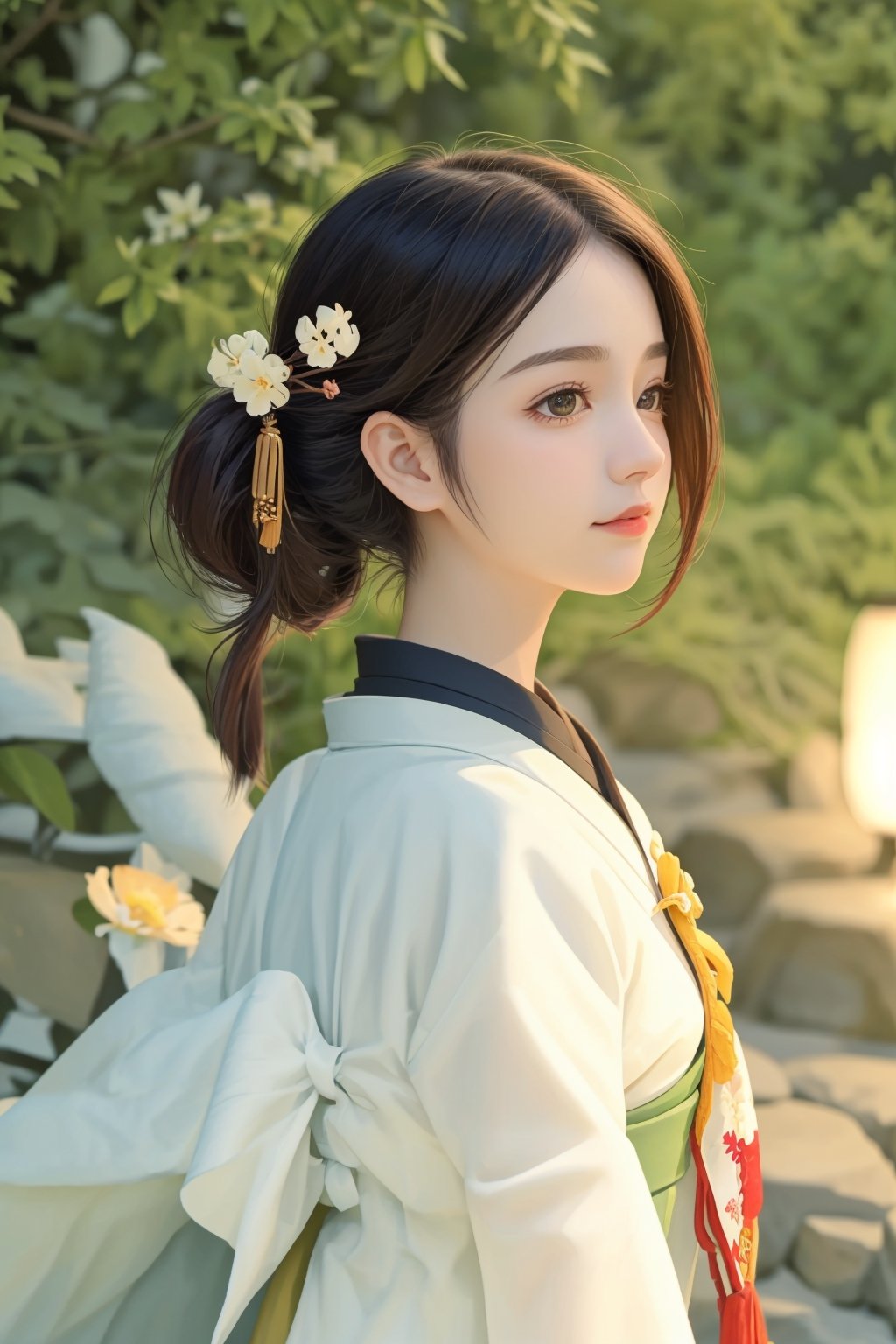 1 girl, big eyes, cute face, hair clip, updo hairstyles, brown hair, solo, from side, looking to viewer, upper body, (wearing traditional Japanese clothing:1.7), detailed background, detailed face, flowers mage, happy , nature themed mage clothes, organic jewelry, (green color scheme:1.1), emanating natural energy, dynamic pose, butterflies, , verdant nature, , spreading nature, , bloom flowercaster, roses, , primroses, ethereal atmosphere,, Realism  ,,masterpiece,,<lora:659111690174031528:1.0>