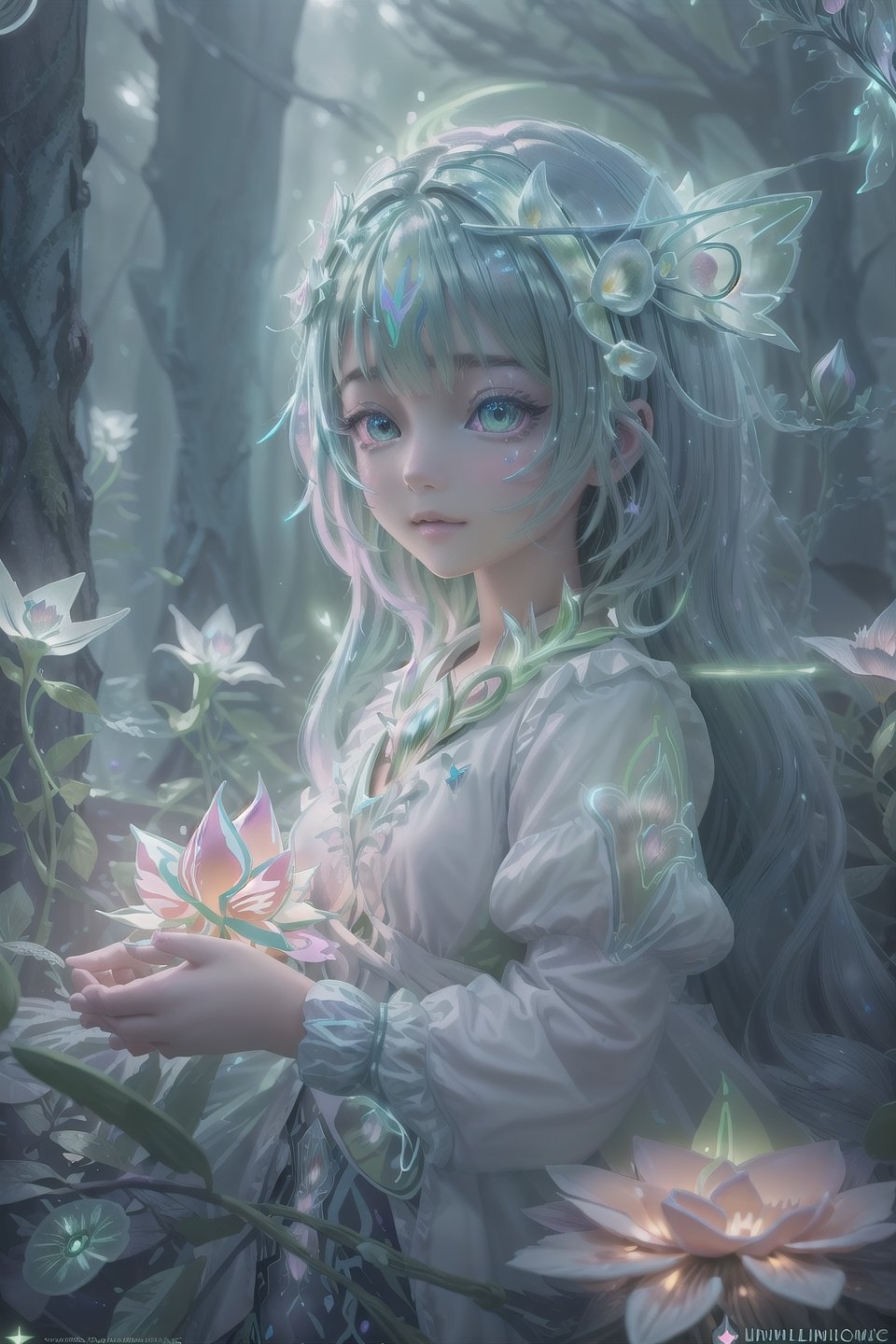 Ultra detailed illustration of a girl lost in a magical world full of wonders forest, (unique luminous flora never seen before:1.4), highly detailed, solid colors,  digital art, art by Mschiffer, night, dark, bioluminescence,1girl