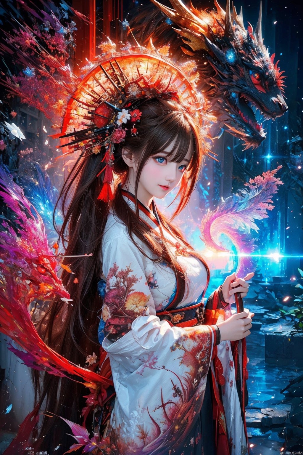 (masterpiece,  top quality,  best quality,  official art,  beautiful and aesthetic:1.2),  medium full shot, (1girl), young girl,  hanfu girl, extreme detailed, (abstract,  fractal art:1.3), colorful hair, highest detailed,  detailed_eyes,  fire dragon,  water,  ice,  lightning,  light_particles,  ,midjourney