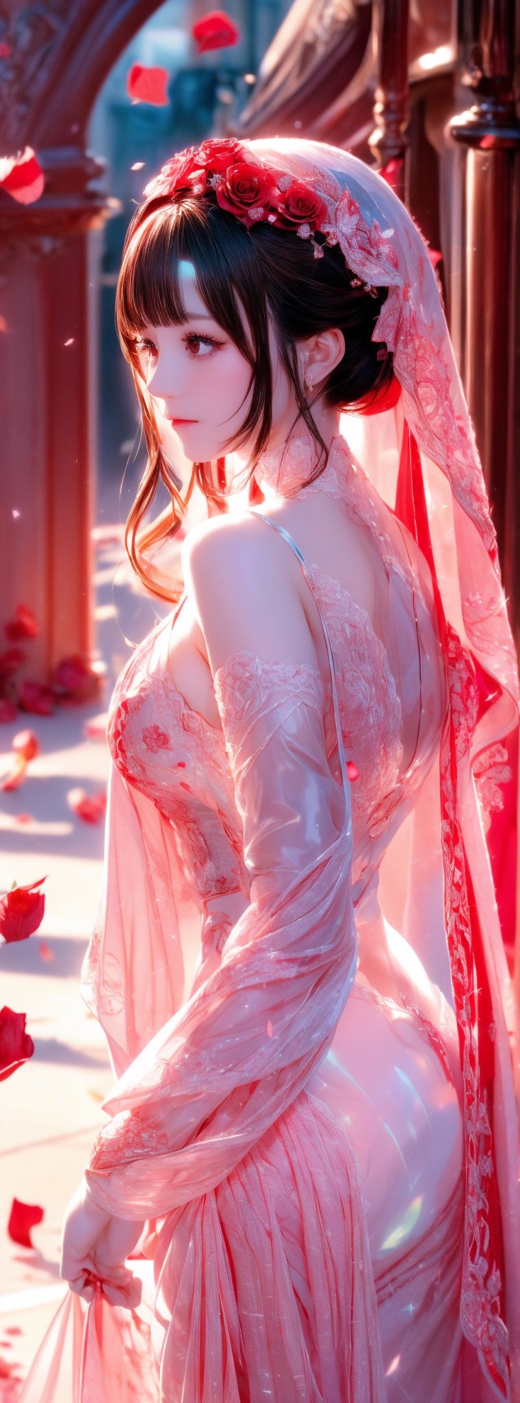 The image features a surreal and artistic composition of a woman whose face is partially obscured by a large soft red rose. The petals of the rose delicately cover her sparkle eyes and part of her face, creating an ethereal and dreamlike effect. The woman is dressed in a flowing, translucent fabric that appears to be made of soft layers, echoing the delicate nature of the red rose petals. The background is softly blurred, with a gentle, light color red palette that complements the pink tones of the rose and the fabric. The overall mood is romantic and otherworldly, ar 9:16, style raw, stylize 250,1 girl, 