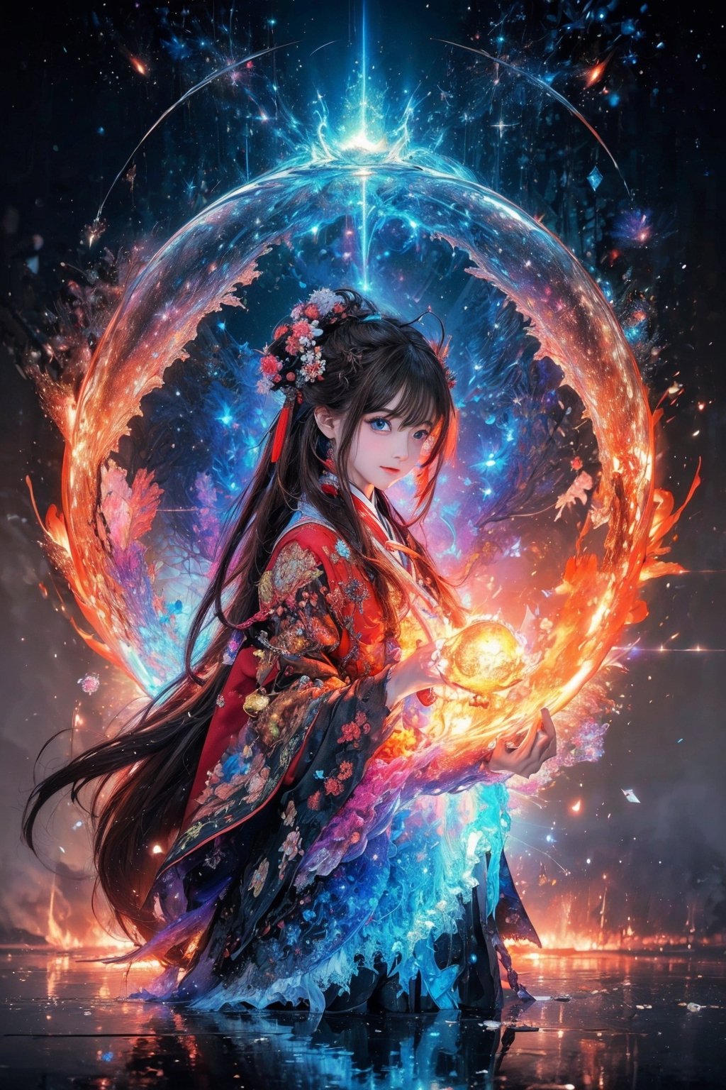 (masterpiece,  top quality,  best quality,  official art,  beautiful and aesthetic:1.2),  medium full shot, (1girl), young girl,  hanfu girl, extreme detailed, (abstract,  fractal art:1.3), colorful hair, highest detailed,  detailed_eyes,  fire dragon,  water,  ice,  lightning,  light_particles,  ,midjourney